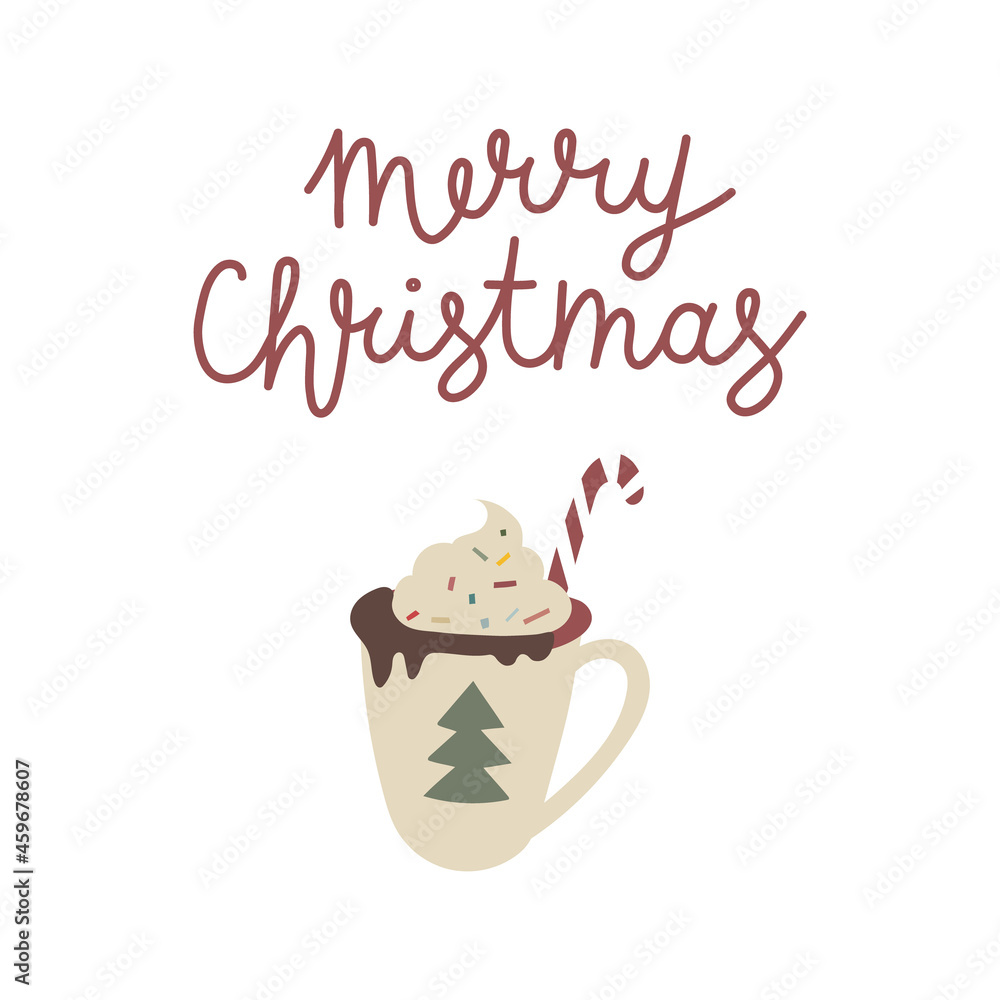 Lettering Merry Christmas. Vector flat illustration with hot cocoa cup. Winter clipart isolated on white background