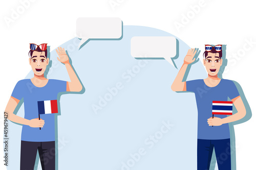Men with French and Thai flags. The concept of international communication, education, sports, travel, business. Dialogue between France and Thailand. Vector illustration.