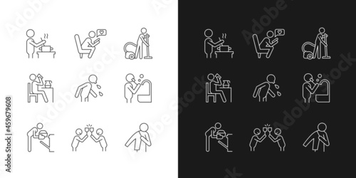Day-to-day routine linear icons set for dark and light mode. Activities of daily living. Ordinal human life. Customizable thin line symbols. Isolated vector outline illustrations. Editable stroke
