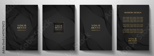 Contemporary technology cover design set. Luxury background with black line pattern (guilloche curves). Premium vector tech backdrop for business layout, digital certificate, formal brochure template