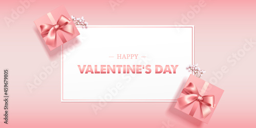 Beatiful pink pastel greeting card or banner with gift box. Happy Valentine's Day. Vector illustration for greeting card, banners, wallpaper, invitation, flyer, sertificate or gift card. Vector