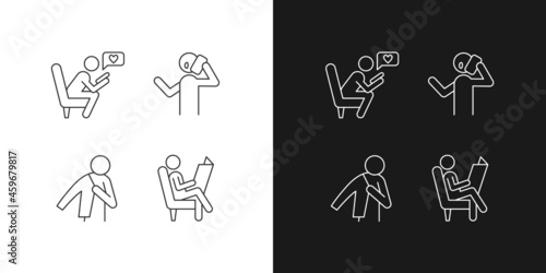 Everyday life linear icons set for dark and light mode. Making telephone call. Reading newspaper. Customizable thin line symbols. Isolated vector outline illustrations. Editable stroke