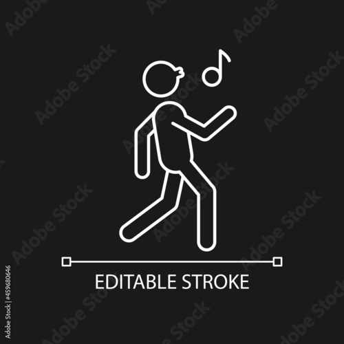 Whistle white linear icon for dark theme. Bad habit. Person walking merrily and whistling melody. Thin line customizable illustration. Isolated vector contour symbol for night mode. Editable stroke