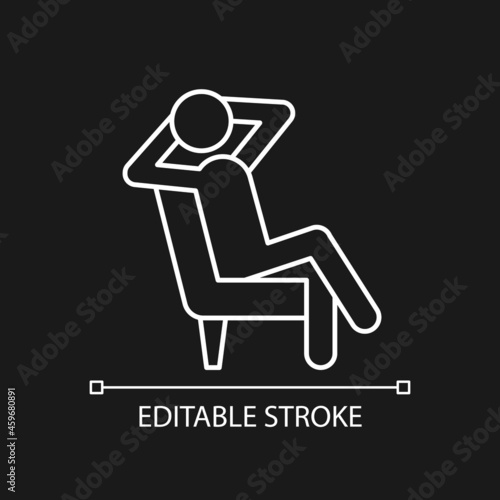 Relax white linear icon for dark theme. Man sitting in relaxed pose. Human taking break from work. Thin line customizable illustration. Isolated vector contour symbol for night mode. Editable stroke