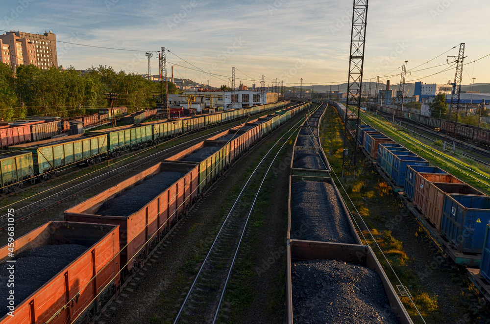 open freight cars with coal at railway station in Murmansk, Russia open freight cars with coal at railway station in Murmansk, Russia