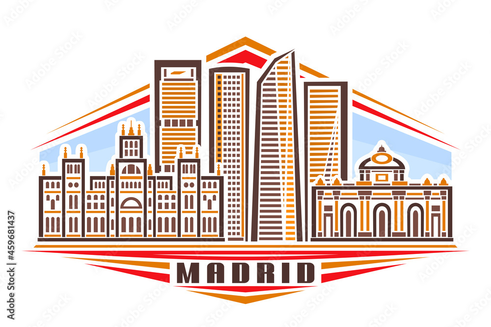 Vector illustration of Madrid, horizontal poster with linear design european madrid city scape on day sky background, urban line art concept with decorative letters for word madrid on white background