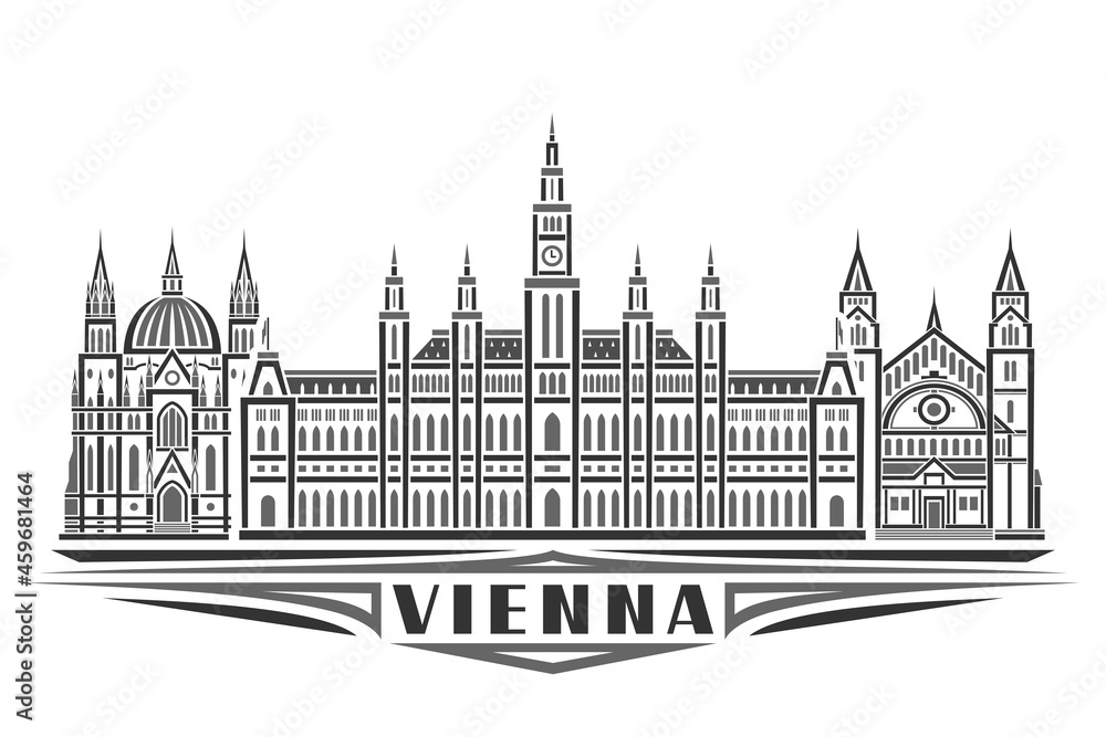 Vector illustration of Vienna, monochrome horizontal poster with linear design famous vienna city scape, urban line art concept with unique decorative letters for black word vienna on white background