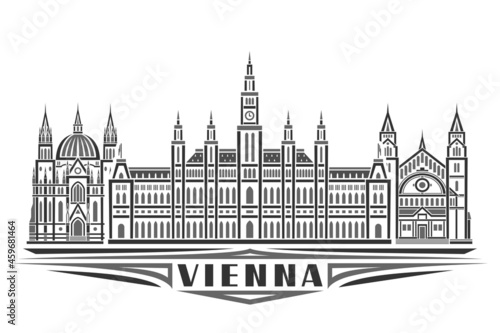 Vector illustration of Vienna, monochrome horizontal poster with linear design famous vienna city scape, urban line art concept with unique decorative letters for black word vienna on white background