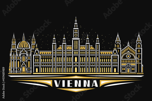 Vector illustration of Vienna, black horizontal poster with linear design illuminated vienna city scape, european urban line art concept with decorative lettering for word vienna on dark background.