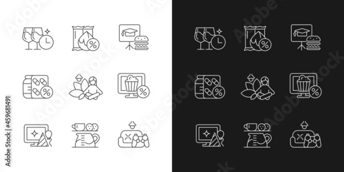 Employee benefits for wellbeing linear icons set for dark and light mode. Providing corporate discounts. Customizable thin line symbols. Isolated vector outline illustrations. Editable stroke