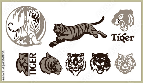 Tiger vector. The symbol of the new year 2022. The image of the silhouette of a tiger in different angles.