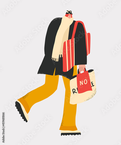 vector stylish woman in warm clothes and hat.Urban life in the metropolis.London and New York style.Autumn city and its inhabitants.Pensive melancholic character.Street style blogger and influencer