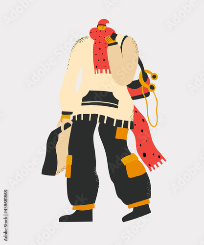 vector stylish ethnic man in warm clothes.Shopping in metropolis.London and New York style.Winter city and generation z.Pensive melancholic character.Street style fashion blogger and influencer