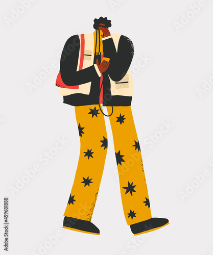 vector stylish ethnic man in warm clothes.Urban life in the metropolis.London and New York style.Winter city and generation z.Pensive melancholic character.Street style fashion blogger and influencer