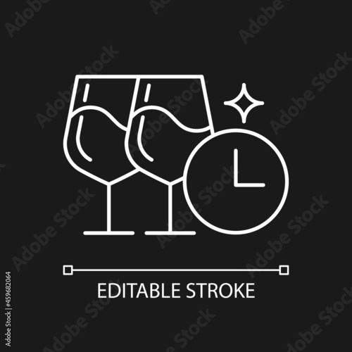 Company happy hour white linear icon for dark theme. Strengthen work bonds. Drinking wine. Thin line customizable illustration. Isolated vector contour symbol for night mode. Editable stroke