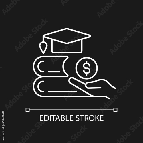 Tuition reimbursement white linear icon for dark theme. Compensation for education classes. Thin line customizable illustration. Isolated vector contour symbol for night mode. Editable stroke