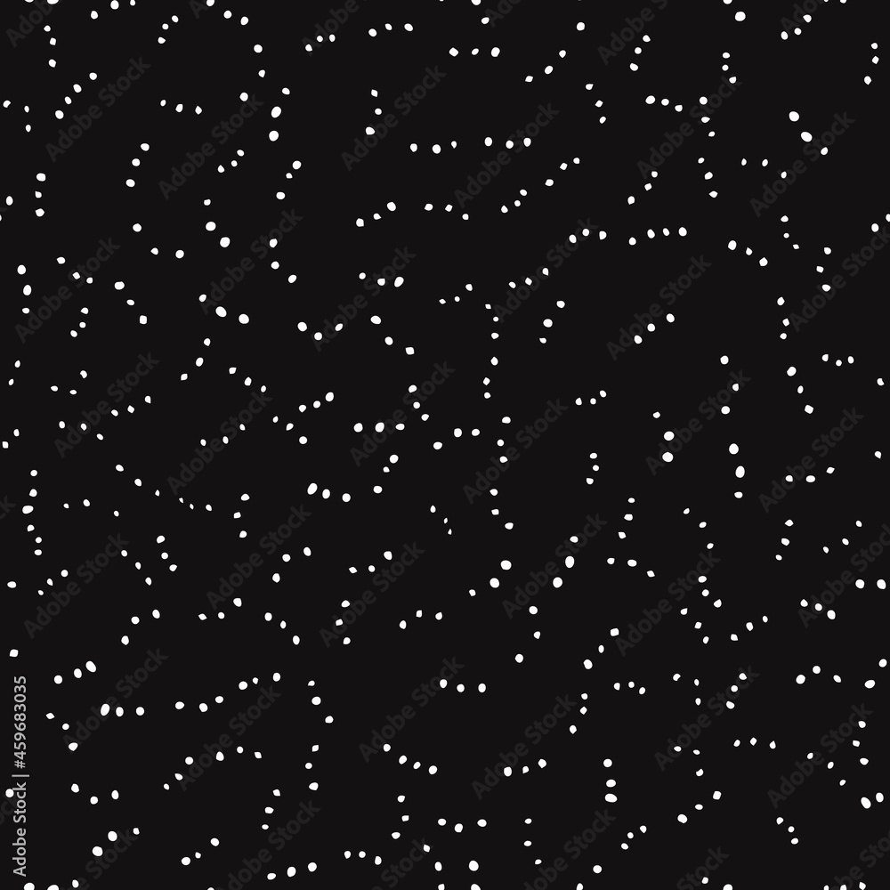Fototapeta premium In line flying polka dots seamless repeat pattern. Random placed, vector irregular spots minimal all over print on black background.
