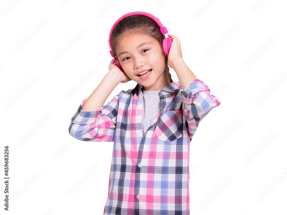 Happy student girl wearing headphones.Isolated on white background. Happy student girl wearing headphones.Isolated on white background.
