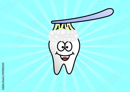 drawn smiling tooth with brush and foam on blue background