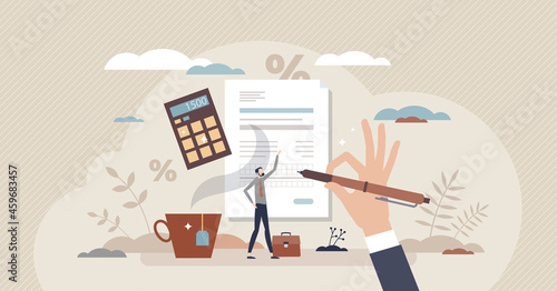 Tax return form as document for VAT payment calculation tiny person concept. Financial taxation refund or get back overpaid money from government vector illustration. Business accountancy balance work