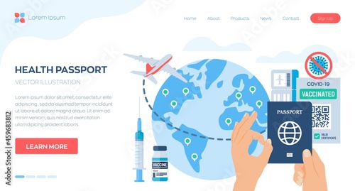 Immunity Vaccination Health passport and immunization record document in hands. Hand shows Ok gesture. COVID-19 coronavirus vaccination certificate for international travelling. Vector illustration.
