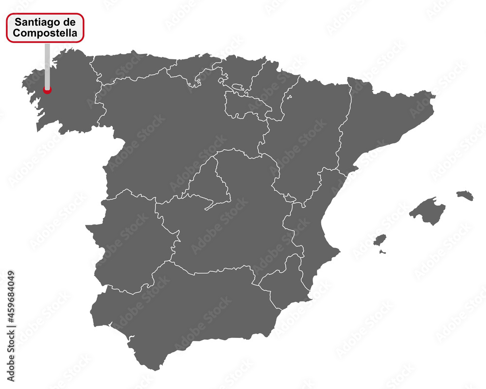 Landkarte von Spanien mit Ortsschild von Santiago de Compostella