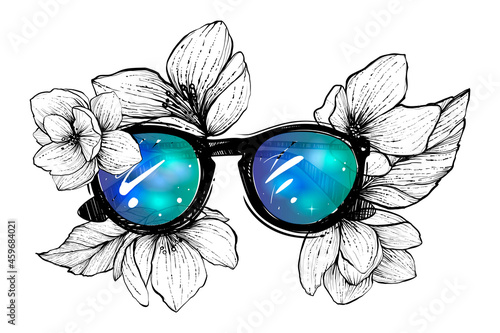 Sunglasses with jasmibe flowers around, color vector illustration