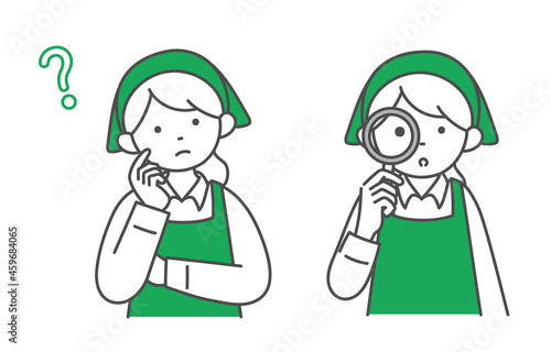 スーパーマーケット女性店員の上半身イラストセット(考える・虫眼鏡）