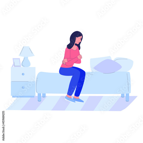 depressive sad person. an angry woman is sitting on the bed. mental health. mood swings. resentment and irritation. Stock vector flat cartoon illustration on a white background.