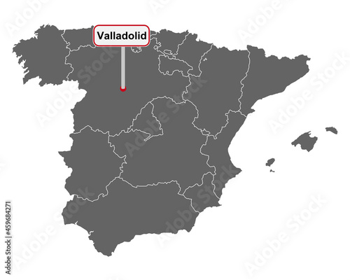 Landkarte von Spanien mit Ortsschild von Valladolid