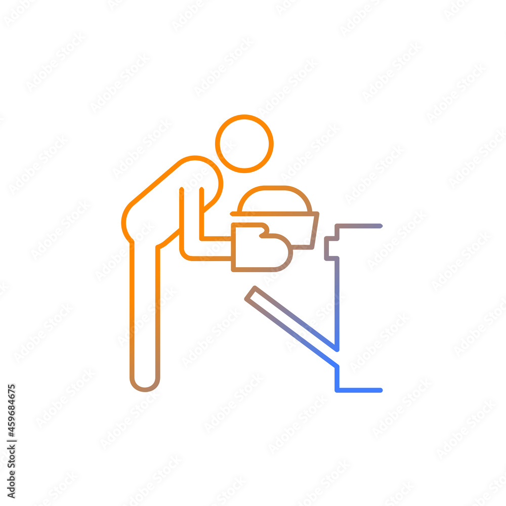 Bake gradient linear vector icon. Person putting baking sheet with dough in oven. Dinner preparation at home. Thin line color symbol. Modern style pictogram. Vector isolated outline drawing Bake gradient linear vector icon. Person putting baking sheet with dough in oven. Dinner preparation at home. Thin line color symbol. Modern style pictogram. Vector isolated outline drawing