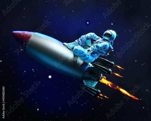 Canvas Print Astronaut travels in space sitting on the flying missile, 3D illustration