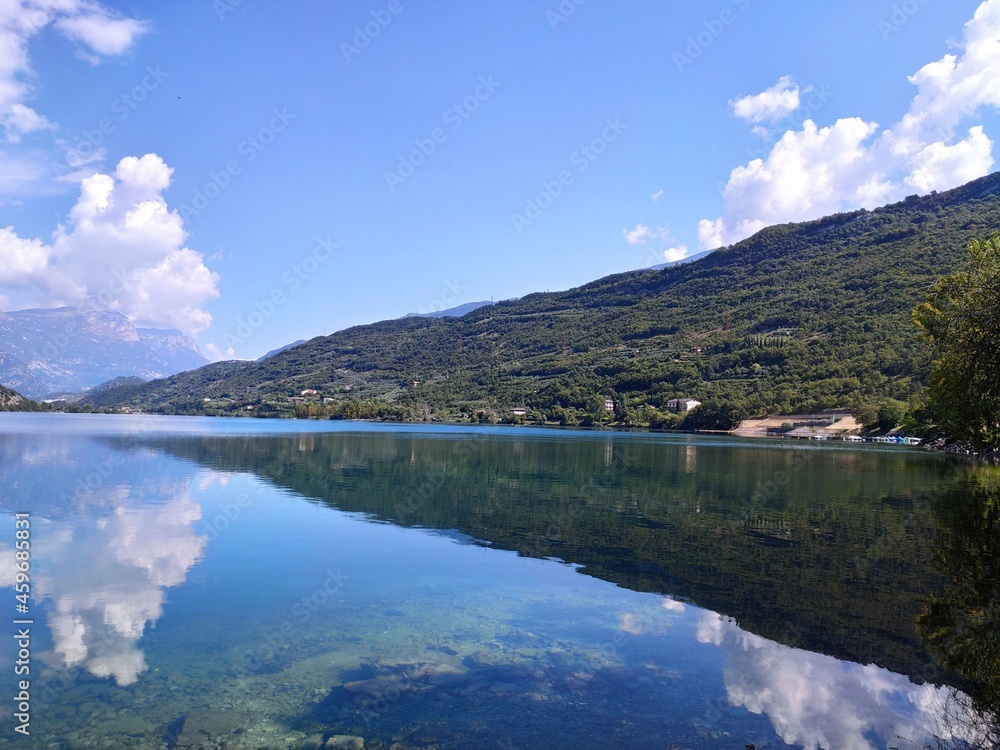 Dro, Trento: Mountain reflecting in the clear waters of Lake Cavedine, Trentino Alto Adige