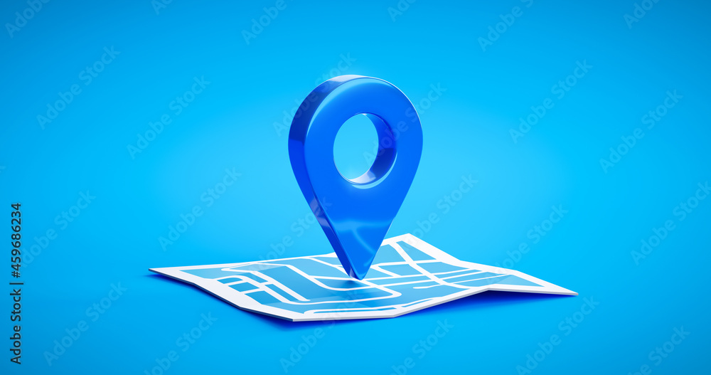 Naklejka premium Blue location symbol pin icon sign or navigation locator map travel gps direction pointer and marker place position point design element on route graphic road mark destination background. 3D render.