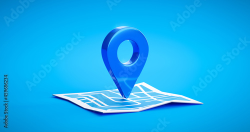 Blue location symbol pin icon sign or navigation locator map travel gps direction pointer and marker place position point design element on route graphic road mark destination background. 3D render. photo