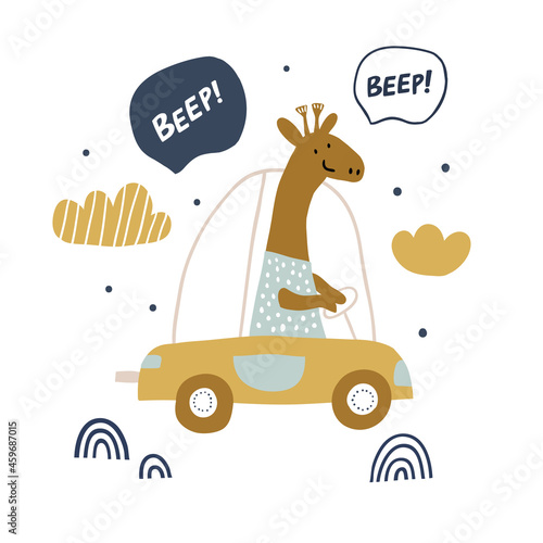 cute vector illustration with giraffe riding a car with balloon with beep sign. Perfect for kids clothing, textile, print. Kids rabbit illustration