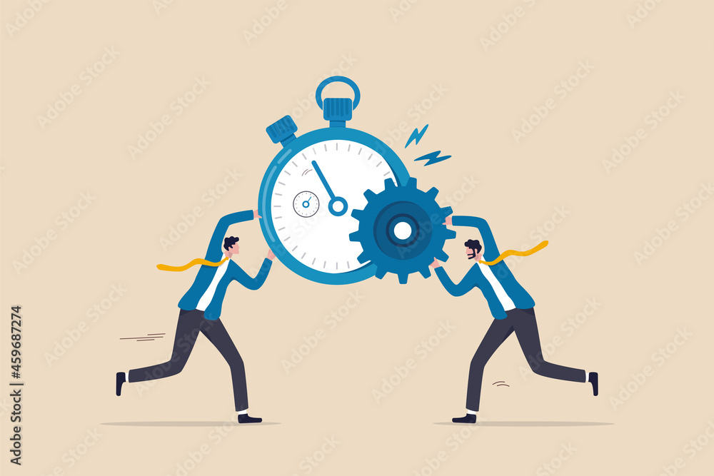 Efficiency or productivity, manage resources and time to optimize best work result, increase performance with effective process, businessman combine clock timer and gear cogwheel for best efficiency. - obrazy, fototapety, plakaty 