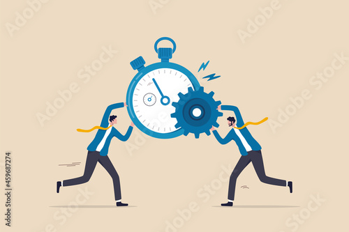 Efficiency or productivity, manage resources and time to optimize best work result, increase performance with effective process, businessman combine clock timer and gear cogwheel for best efficiency.