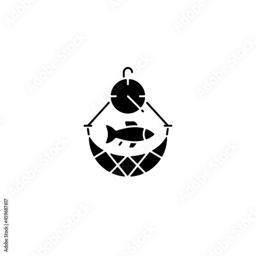 Overfishing black glyph icon. Depletion of species. Excessive amount of seafood harvest. Ecosystem exhaustion. Commercial fishery. Silhouette symbol on white space. Vector isolated illustration