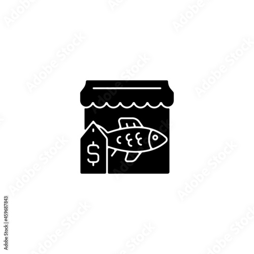 Fish market black glyph icon. Fresh, frozen seafood trade and supply. Fish marketplace. Fishmongers stall. Commercial fishery. Silhouette symbol on white space. Vector isolated illustration