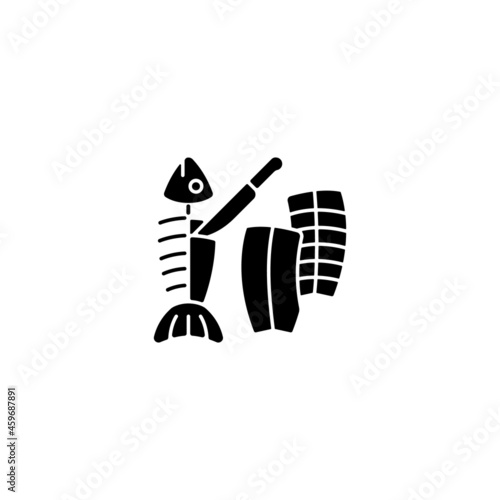 Fillet carving black glyph icon. Slicing fish flesh. Skinless and boneless seafood product. Fish filet commercial processing. Silhouette symbol on white space. Vector isolated illustration