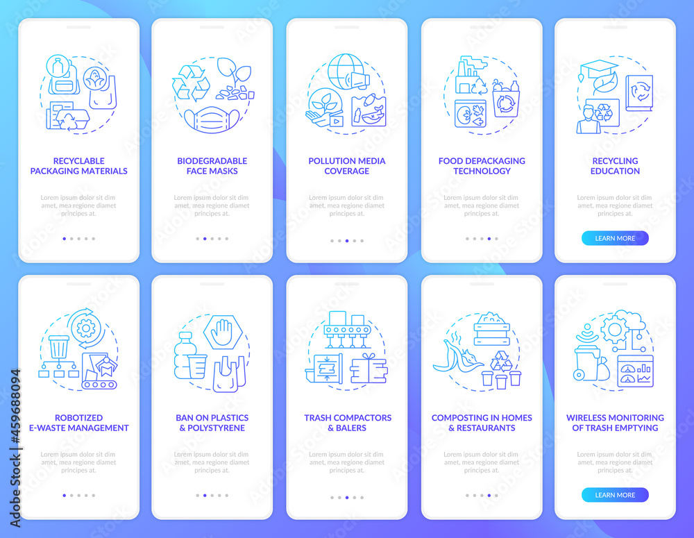 Naklejka premium Nature preservation onboarding mobile app page screen set. Pollution reduction walkthrough 10 steps graphic instructions with concepts. UI, UX, GUI vector template with linear color illustrations