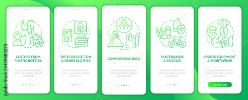 Secondary materials onboarding mobile app page screen. Waste upcycling walkthrough 5 steps graphic instructions with concepts. UI, UX, GUI vector template with linear color illustrations