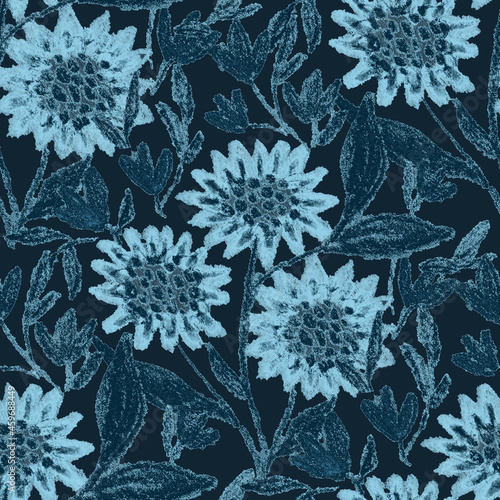 Creative seamless pattern with abstract flowers drawn with wax crayons. Brigh...