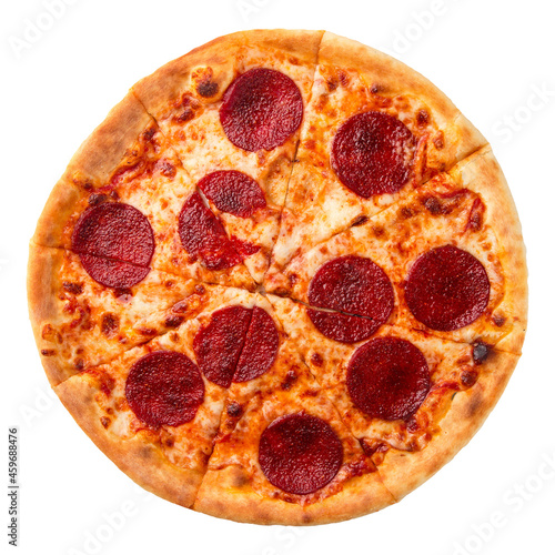 Isolated fresh pepperoni pizza with salami on white background