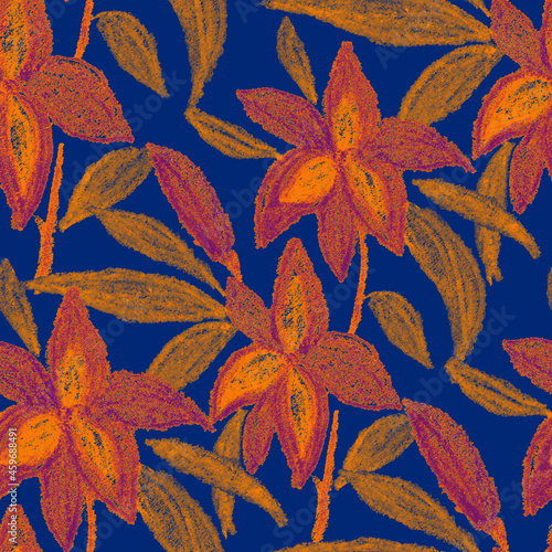 Creative seamless pattern with abstract flowers drawn with wax crayons. Brigh...