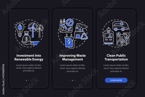 Prevent climate change onboarding mobile app page screen. Clean transportation walkthrough 3 steps graphic instructions with concepts. UI, UX, GUI vector template with linear night mode illustrations