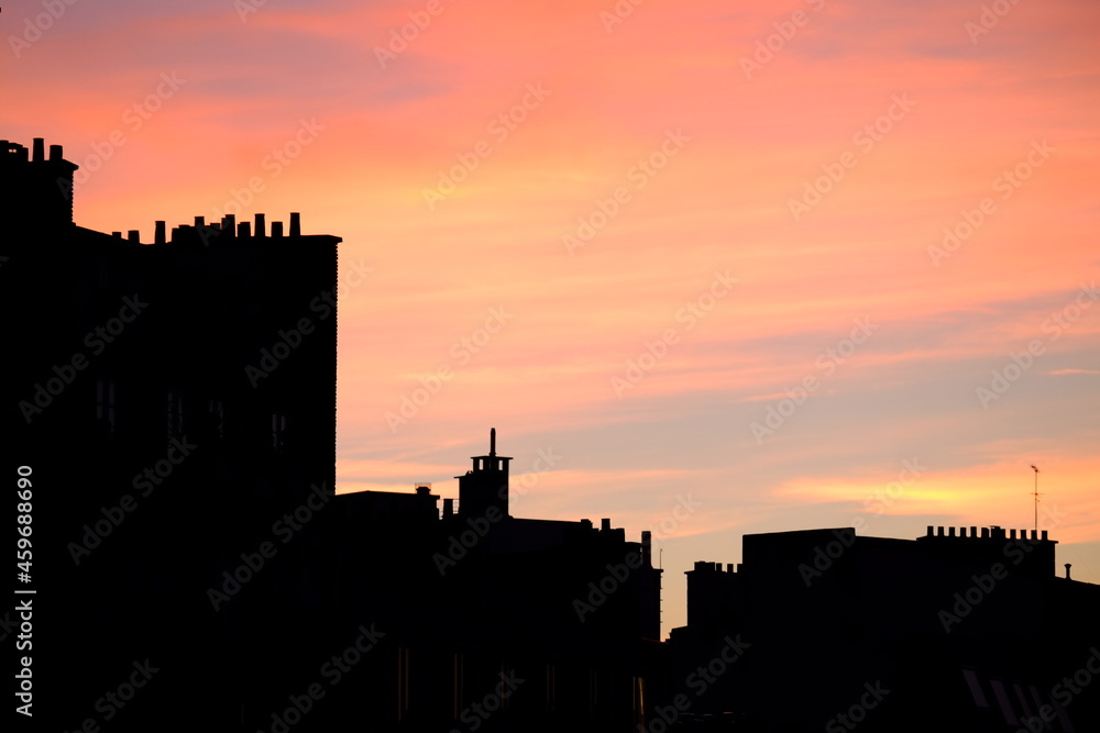 The silhouette of some Parisian buildings during the sunset. Paris, Daumesnil metro station, September 22th 2021. France