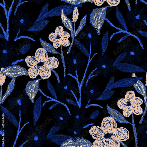 Creative seamless pattern with abstract flowers drawn with wax crayons. Brigh...