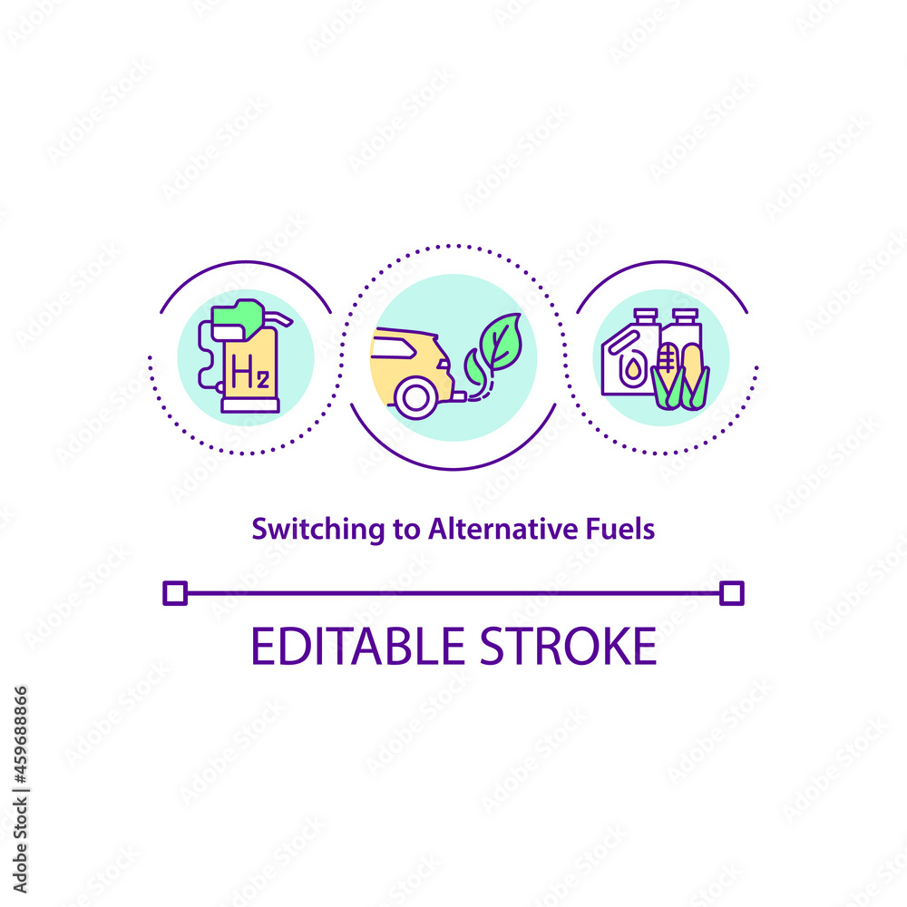 Switching to alternative fuels concept icon. Using renewable energy resources abstract idea thin line illustration. Achieve net zero emissions. Vector isolated outline color drawing. Editable stroke Switching to alternative fuels concept icon. Using renewable energy resources abstract idea thin line illustration. Achieve net zero emissions. Vector isolated outline color drawing. Editable stroke